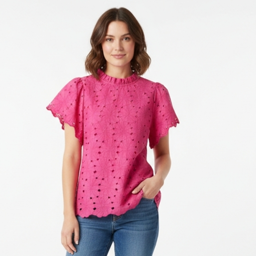 JODIFL Pink Eyelet Embroidered Ruffle Short Sleeve Top Small